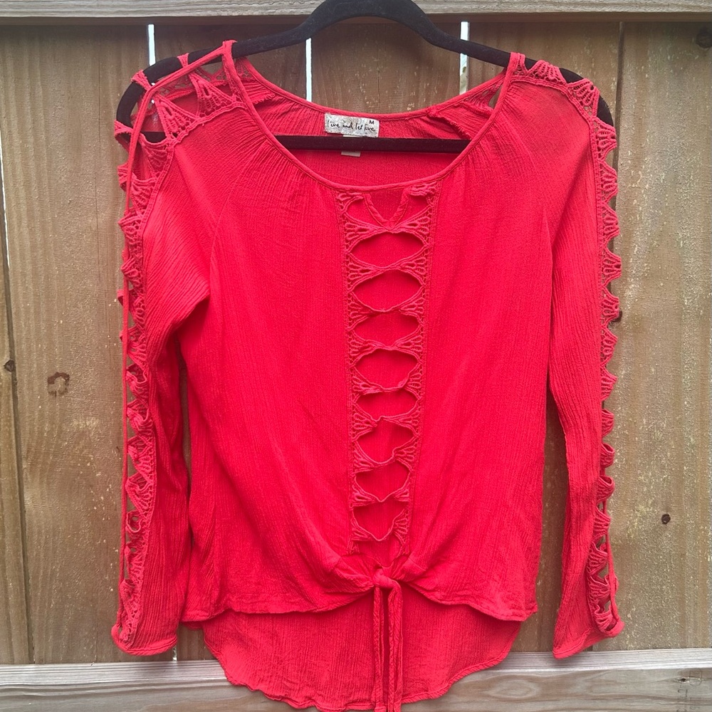 Live and Let Live orange red Lace-Up Blouse size medium two